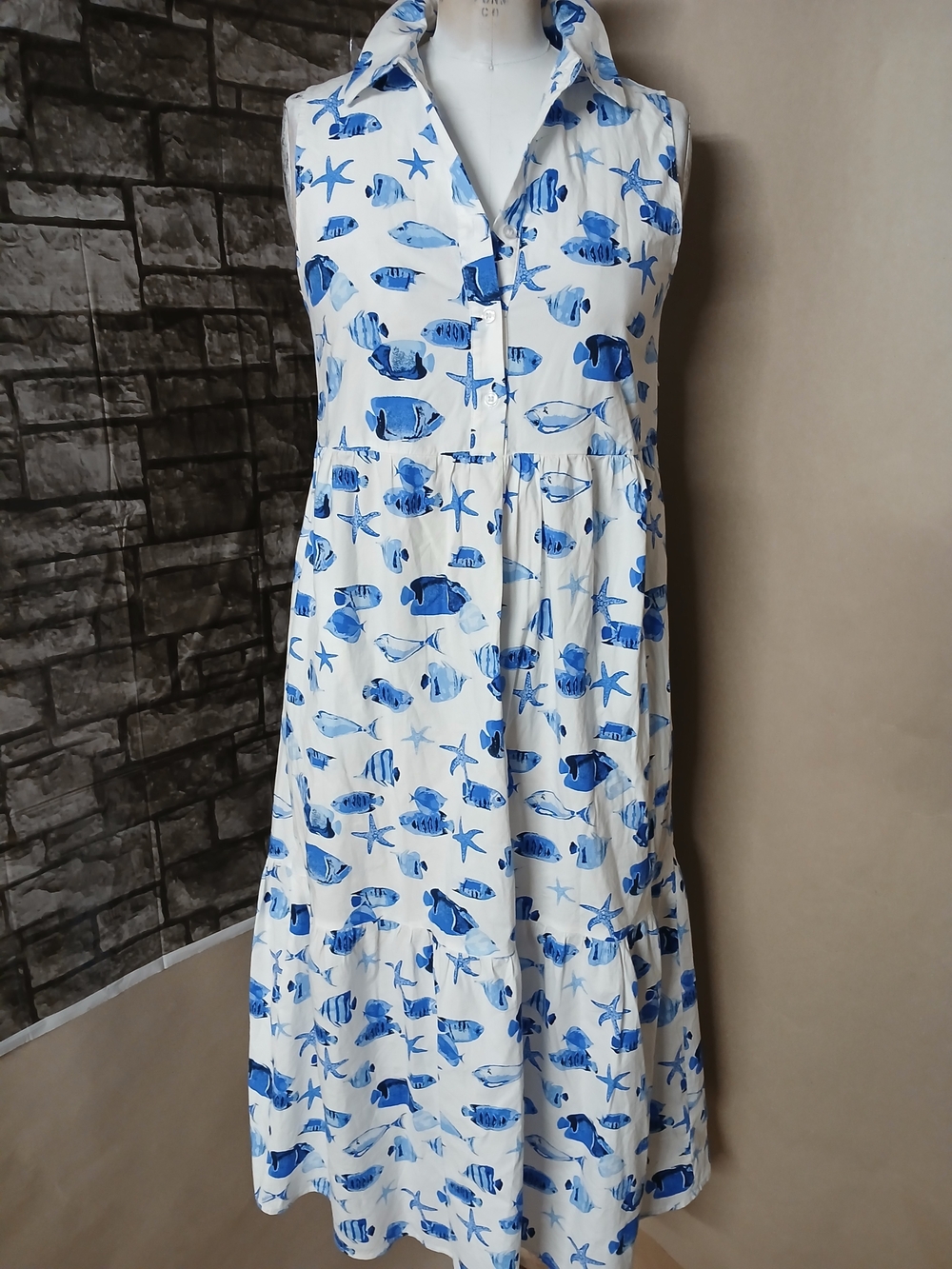 Rachel Zoe Blue & White Fish Print Button Maxi Dress Shirt